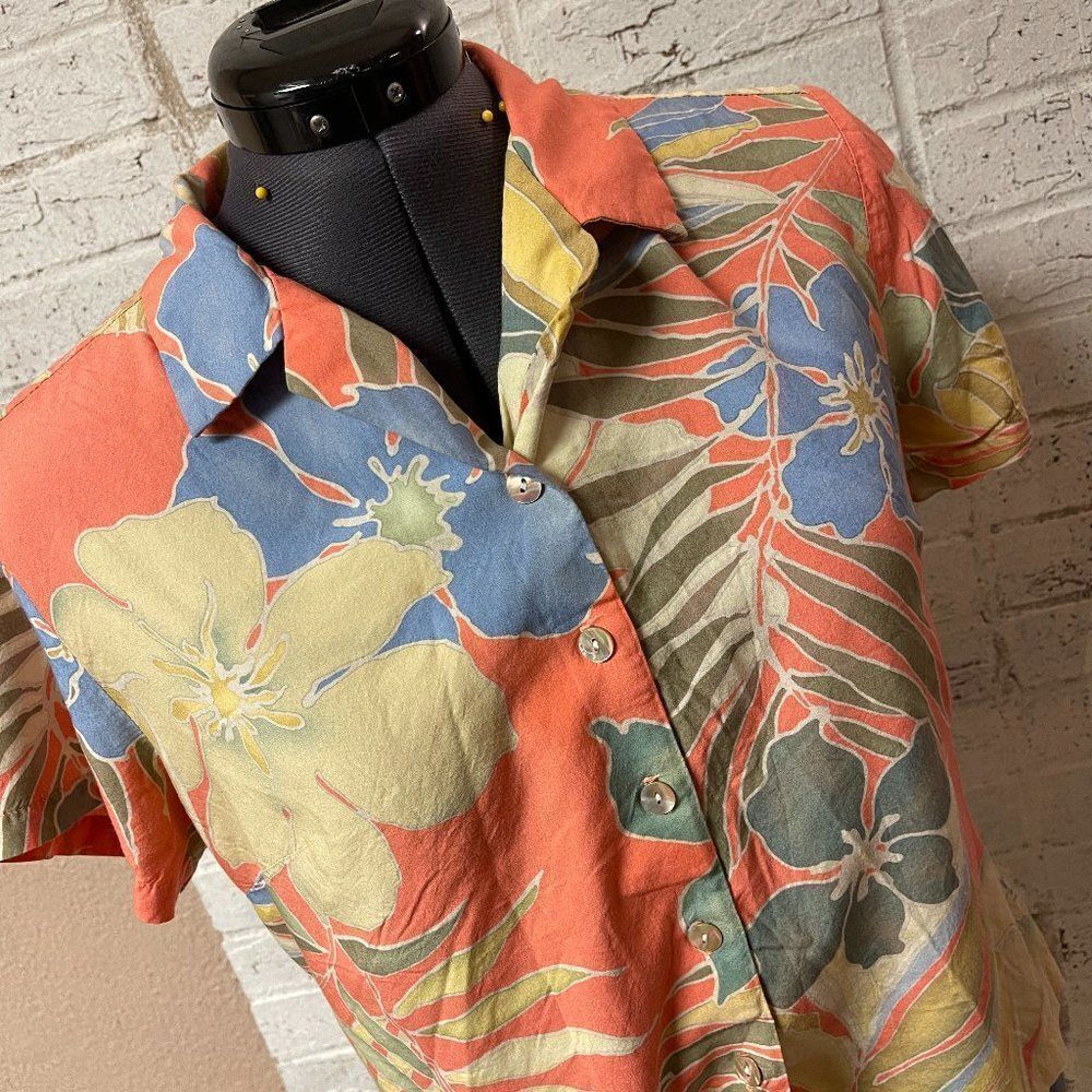 Nani Hawaiian Floral Resort Tropical Peach Blue Yellow Short Sleeve Top Medium